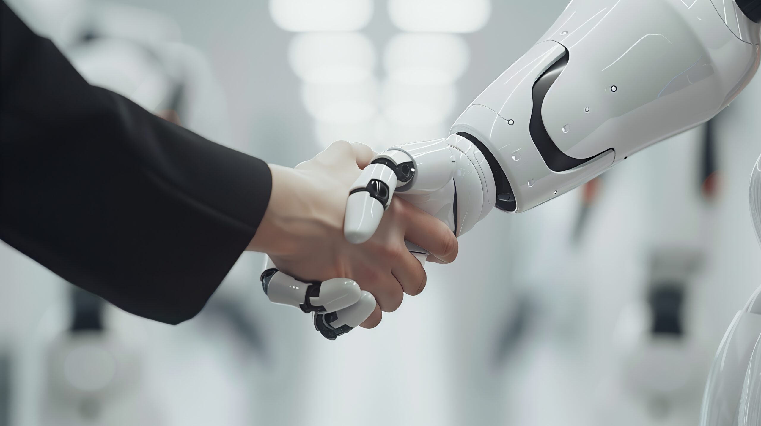 A humanoid robot and a human shake hands, symbolizing their collaborative partnership and unity.