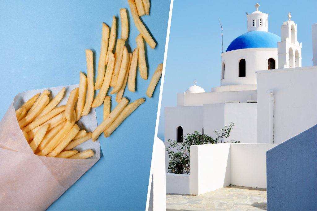 Chips and an Image of a Greek white building with blue roof