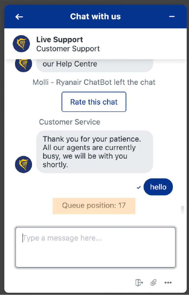 Image of Ryanair Customer Support chat - Queue number 17 highlighted 